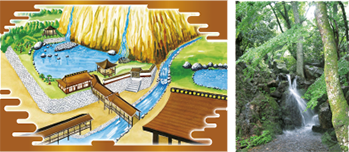 山麓宮殿の庭園イメージと現在の滝